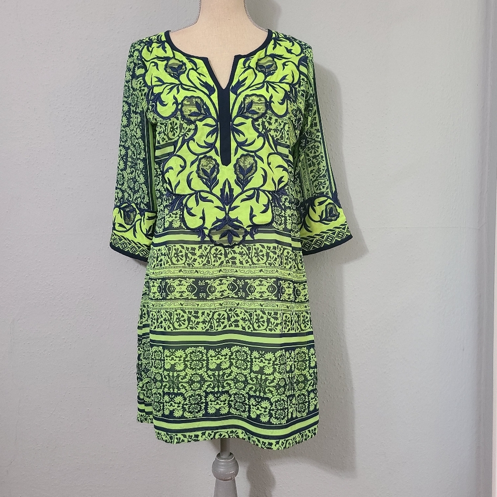 Gretchen Scott Green and Blue Floral Print Split Neck 3/4 Sleeve Dress Small